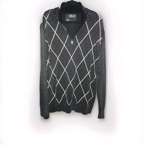 BKE Men's 1/4 Zip Sweater XL Long Sleeve Argyle Black Grey‎ White Pullover